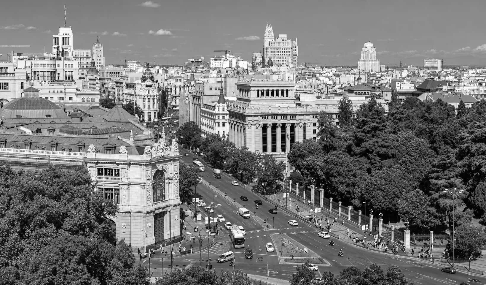 Madrid from the Palacio de Cibeles: Calle de Alcalá climbing past the Banco de España, with the city beyond. Black and white.